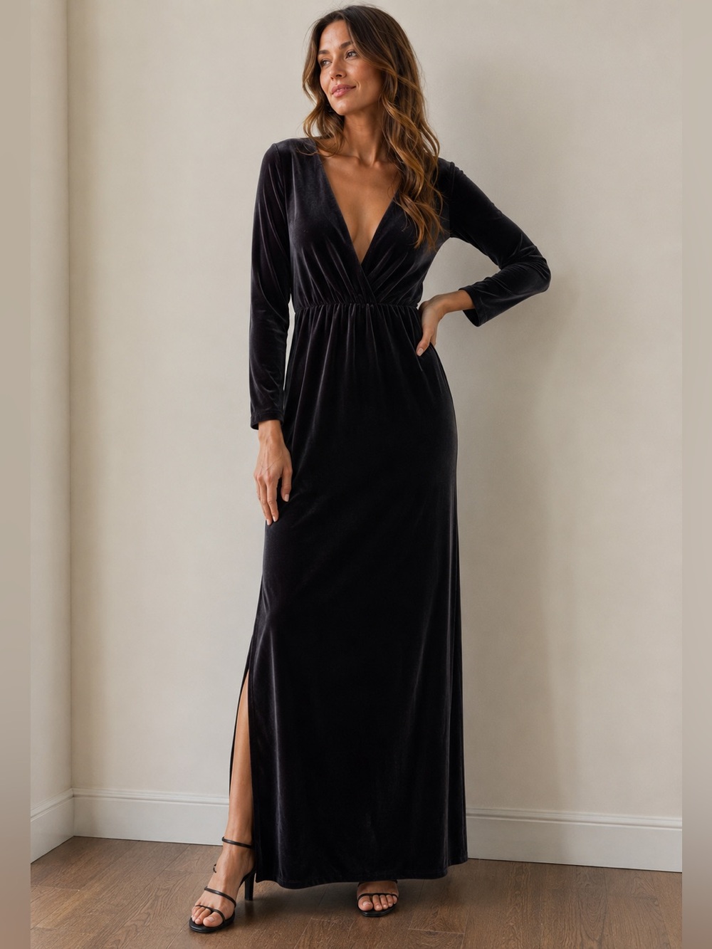 Anthropologie Elegant navy Velvet Long Sleeve Maxi Dress